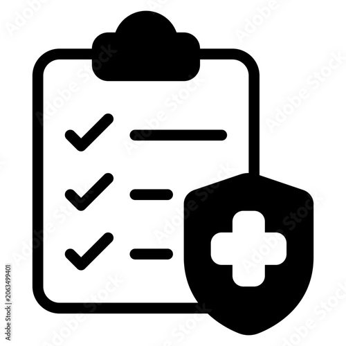 Flat vector illustration of a checklist with check marks and a shield featuring a medical cross, suitable for healthcare, safety, and medical presentations or infographics.