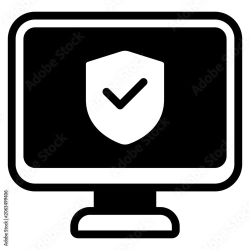 Flat vector illustration of an orange computer monitor displaying a red shield with a white checkmark, symbolizing digital security and protection for web design or marketing.