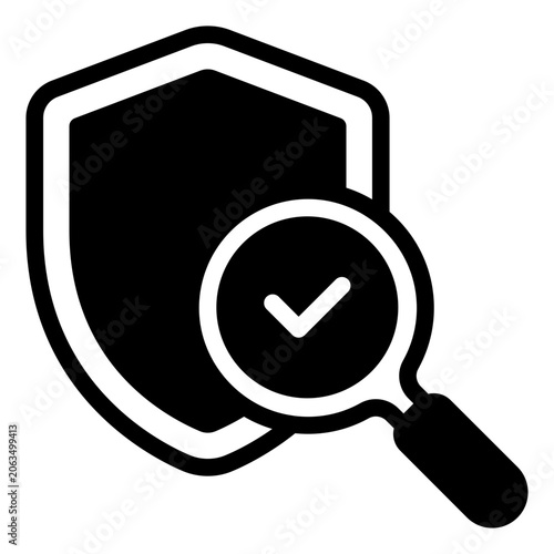 Flat vector illustration of a shield with a magnifying glass showing a check mark, suitable for security, verification, and protection concepts in web design and marketing.