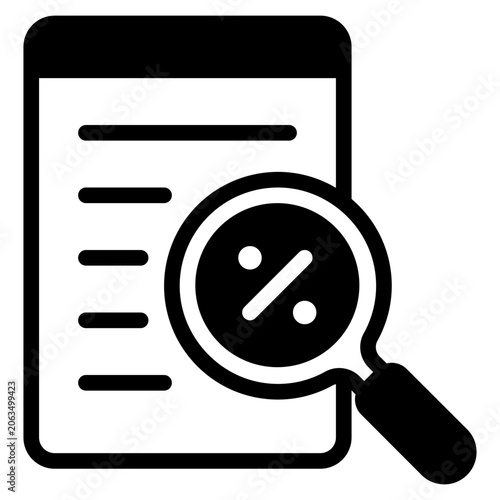 Illustration of a magnifying glass highlighting a percentage symbol on a document, suitable for finance, analysis, or data review designs.