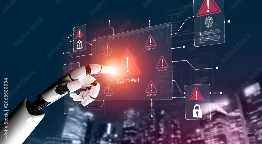 Naklejka premium Robotic Hand Interacting with Digital System Alert Display in a Modern Cityscape at Night Illustration of Cybersecurity and Technology Concepts. Bitwise.