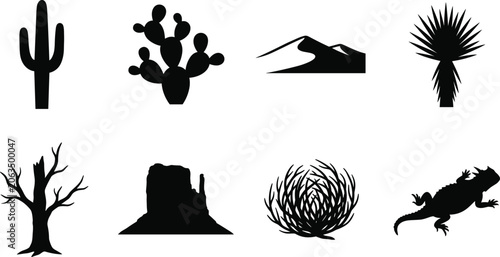Tableau sur toile Desert landscape elements and wildlife vector silhouette icon set for southweste
