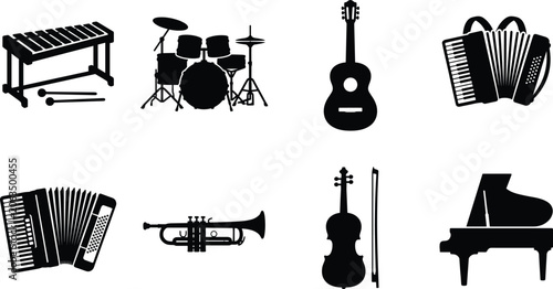 Photography Musical instruments vector silhouette icon set for classical jazz and live conce