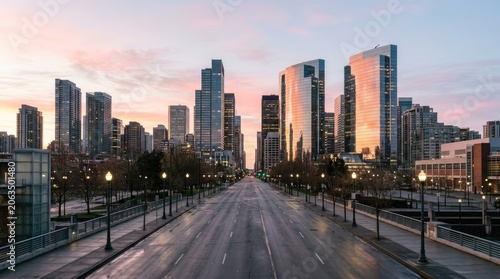 A wide-angle photograph captures a deserted city street leading towards a skyline at dawn. The street is empty, with a long, straight path extending into the distance.