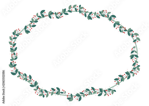 Green Circle Oval Border Frame with Green Leaves and Red Cherries
