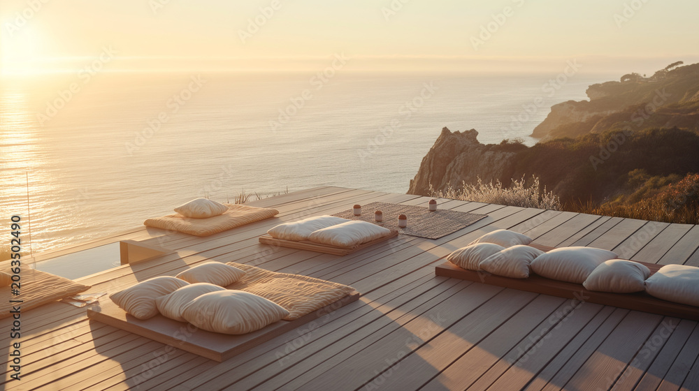 Naklejka premium Oceanfront meditation deck with cushions at sunset overlooking coastal cliffs
