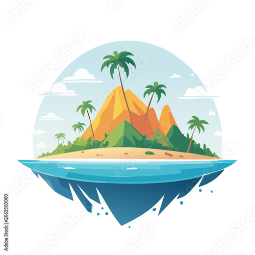 Tropical island with palm trees and mountains in flat design
