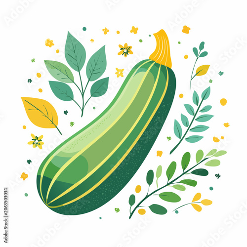 Zucchini with Leaves and Flowers Illustration