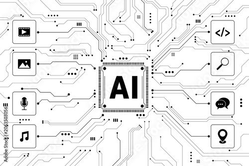 AI processor chip on a detailed circuit board background, connected to multimedia and technology icons. Flat vector illustration of artificial intelligence, deep learning and automation.