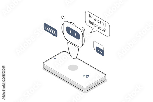 Isometric line art of a cute robot chatbot on smartphone screen with 