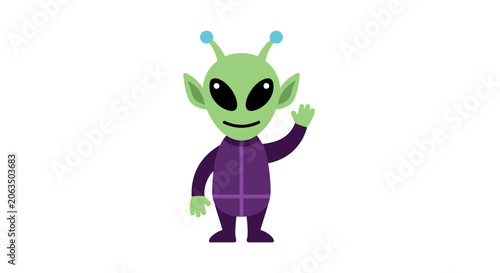 Vászonkép Cute Cartoon Alien Waving Hello on White Background