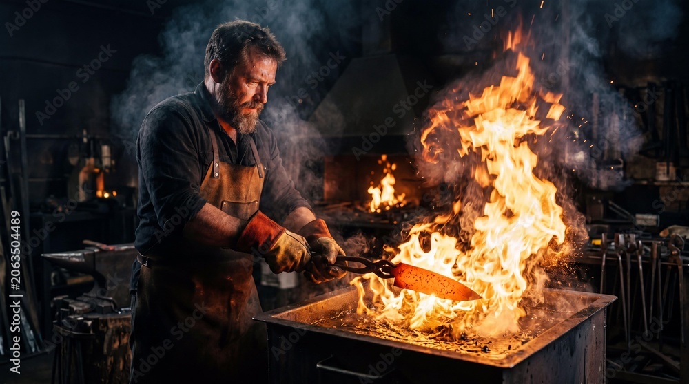 Fototapeta premium Professional bladesmith quenching a glowing hot steel knife blade in flames