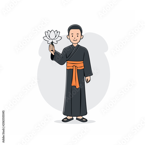 Cartoon man in traditional robe holding lotus flower