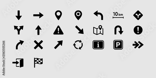Cuadro en lienzo Icon set collection of direction and location icons including arrows, a map pin, an explanation mark, a parking sign, and a checker flag