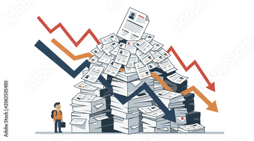 Businessman standing before a massive pile of paperwork with declining financial charts. EPS Editable. Vector Illustrations.