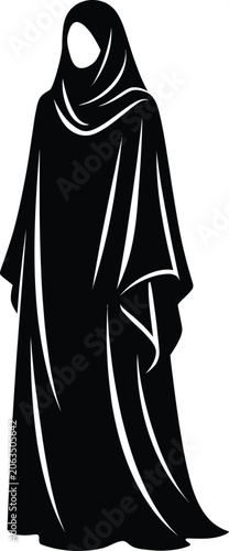 Modest Attire Silhouette Vector – Black and White Minimalist Illustration of Woman in Flowing Garment and Headscarf with Smooth Curved Lines – Cultural, Religious, and Elegant Symbolic Graphic Art