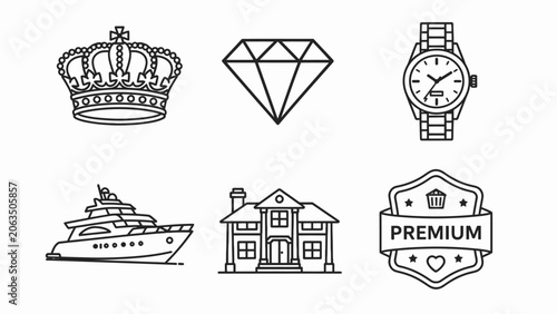 Valokuva Luxury Lifestyle Icons: Crown, Diamond, Watch, Yacht, House, Premium Badge