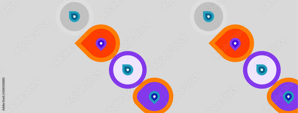Naklejka premium Circles, orange and purple, overlap. Small blue dots mark center points within shapes. Minimalist design, light gray background.