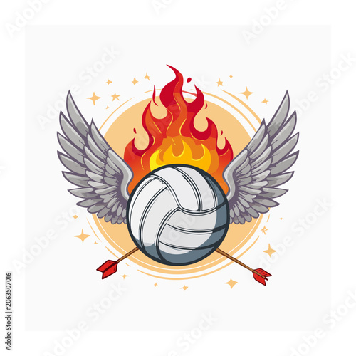 Volleyball with wings, fire and arrows graphic