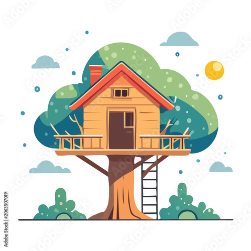 Whimsical house illustration with tree and mushrooms