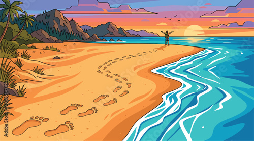Cuadro en lienzo Tropical Beach Sunset with Footprints and Ocean Waves.