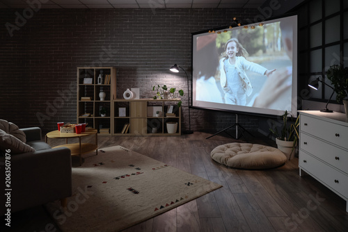 Konstfotografi Interior of dark room with video projector screen. Home cinema