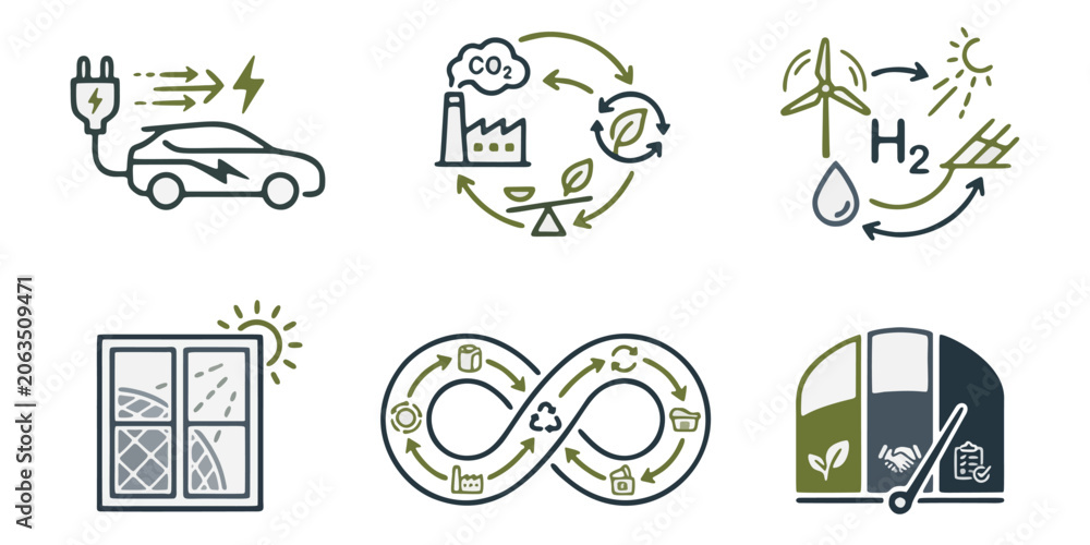 Fototapeta premium Sustainable future vector icons electric vehicles, circular economy, green hydrogen, renewable energy, and eco-agriculture, for environmental progress and innovation