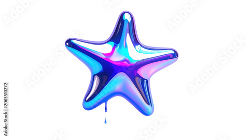 A 3D render of a glossy five-pointed star dripping from one point, vibrant colors of blue, purple, and pink on a black background