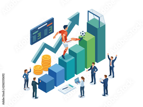 Isometric sports betting business concept with soccer player and financial growth charts. EPS Editable. Vector Illustrations.