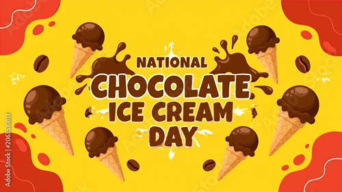National chocolate ice cream day celebration with delicious sweet dessert cones and cocoa splash