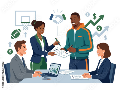 Professional sports agent negotiating contract with athlete and business team. EPS Editable. Vector Illustrations.