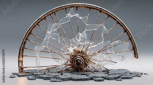 Broken wheel isolated on clean background representing failure and disruption concept damaged object symbolizing loss inability to move obstacle and stalled momentum