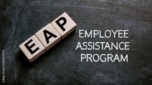 Concept of Employee Assistance Program EAP spelled out on wood blocks and chalkboard