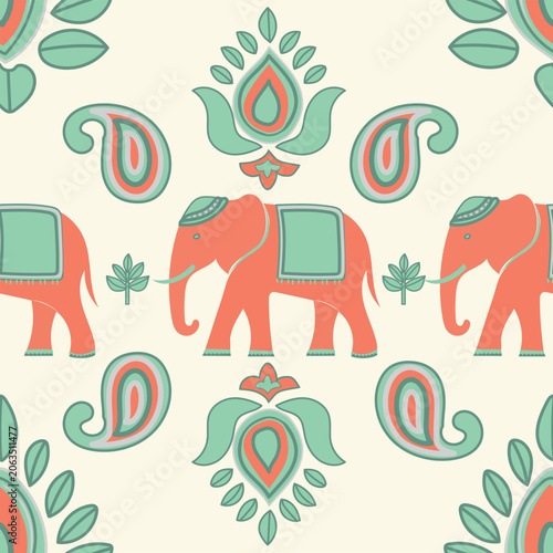 Colorful Seamless Pattern with Elephants and Paisley Motifs in Pastel Tones for Textile and Wallpaper Design