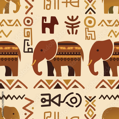 Seamless Pattern with African Elephants and Tribal Symbols in Earthy Tones for Textile and Wallpaper Design