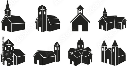 Canvastavla Black Church Building Silhouette Icons Collection with Various Architectural Sty