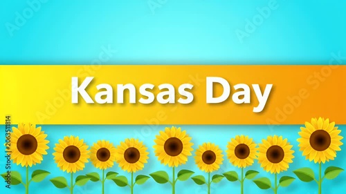Kansas day celebration graphic with yellow sunflowers and text on a bright blue background banner