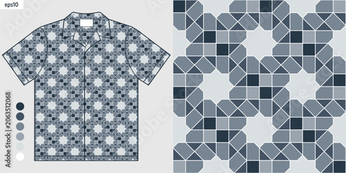 Men Cotton Geometric Print Shirt with Islamic Star Ornament and Hawaiian Inspired Pattern for for Mature Masculine Fashion Style, Smart Casual Fashion Design