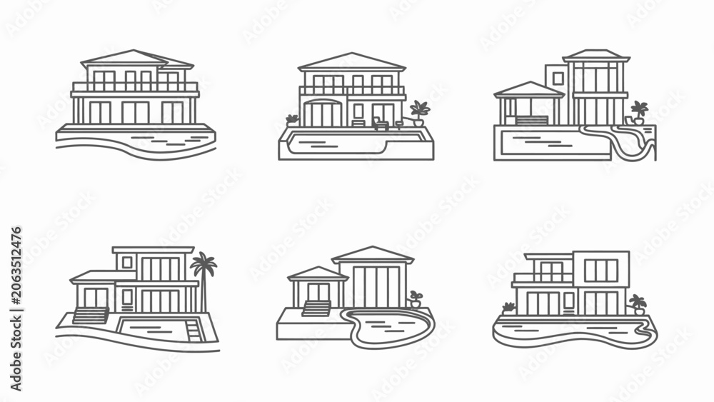 Fototapeta premium Modern Luxury Houses with Pools - Line Art Icons