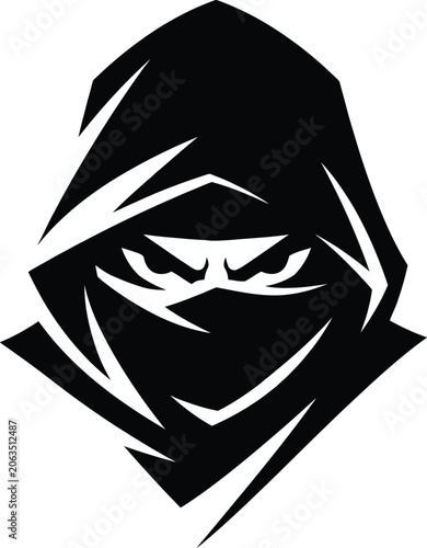 Black and White Ninja Hooded Warrior Silhouette Vector – Bold Angular Abstract Design with Stealth Eyes for Logos, Tattoos, Martial Arts Branding, and Modern Graphic Identity Concepts