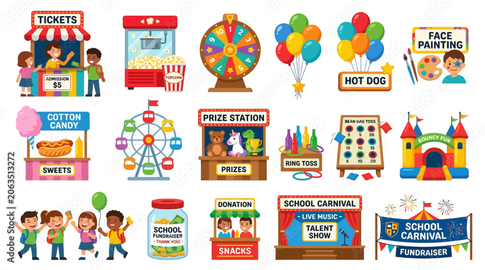 Naklejka premium Children enjoy various amusement park rides and snacks at a school carnival event.