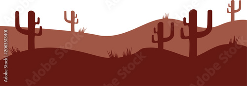 Minimalist desert landscape vector featuring saguaro cactus silhouettes and rolling hills in warm terracotta and reddish-brown tones.
