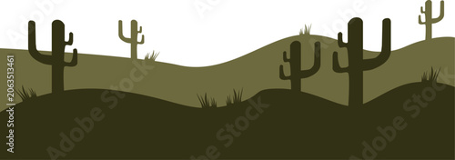 Minimalist desert landscape vector with saguaro cactus silhouettes and rolling hills in shades of olive and khaki green.