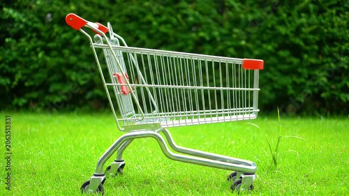 Shopping cart standing on green grass in a park representing consumerism and retail environment