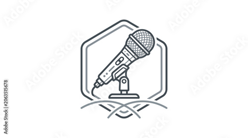 Sports podcast or broadcast emblem icon with microphone.
