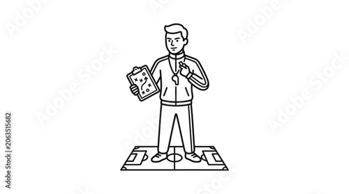 Soccer coach holding clipboard standing on football field.
