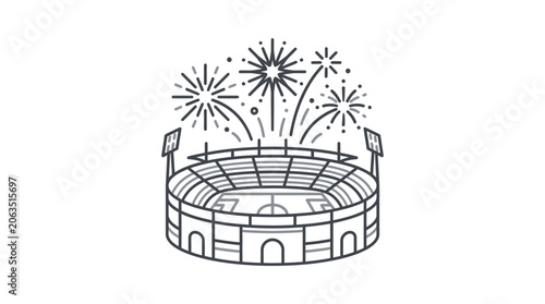 Sports stadium with festive fireworks display line icon.