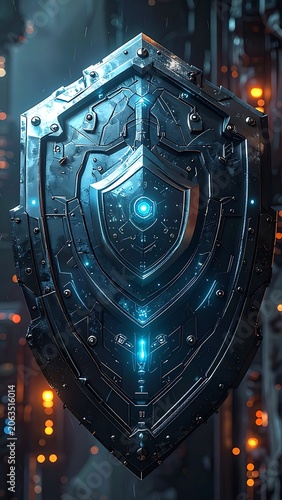 A futuristic metallic shield with blue glowing accents