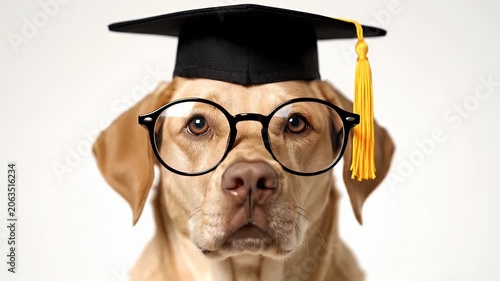 Labrador dog wearing a graduation cap and glasses as a smart student for academic success concept