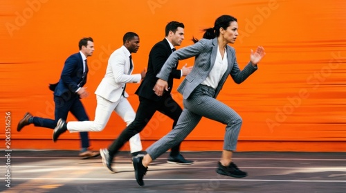 Group four business people running line professionals in suits forward with motion blur